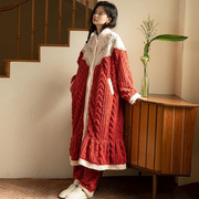 珊瑚睡袍睡衣女秋冬季加绒家居服绒长款套装，大红色加厚冬天潮