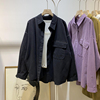 秋季韩版宽松慵懒风单口袋，中长款长袖衬衫，2023女帅气开衫上衣