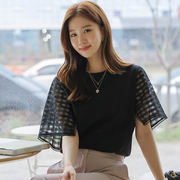 时尚起义韩国甜美优雅披肩格子袖宽松短袖，t恤dmmd22051205
