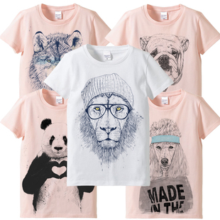 欧美设计师原创手绘动物，熊猫老虎狮子狗狼，纯棉情侣短袖t恤亲子装