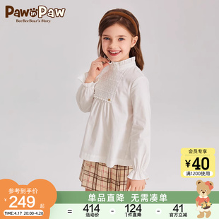 PawinPaw卡通小熊童装2024春款女童纯棉花边立领淑女长袖衬衫上衣