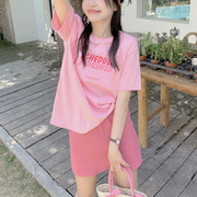 粉色字母t恤少女甜酷短袖韩系chic别致上衣2024夏季纯棉半袖