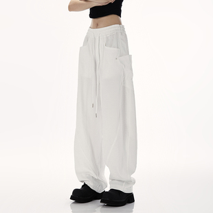 RESUMM白色工装裤女夏季薄款美式直筒裤潮牌hiphop爵士舞运动裤子