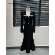 黑色重工钉珠长袖连衣裙女秋季长裙气质高级感法式赫本风礼服裙子