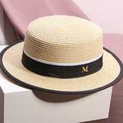 M标白色平顶草帽女夏季出游遮阳防晒沙滩帽模特走秀演出时尚礼帽