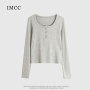 IMCC设计感小众三扣圆领短款长袖T恤女宽松显瘦百搭BM上衣打底衫