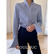 SOUL JUC 设计感蓝白条衬衫女2023秋装宽松立领蓝条纹竖条纹长袖