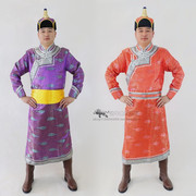 蒙古族缎面男装男士蒙古袍男款民族盘口长袍少数民族舞蹈演出服装