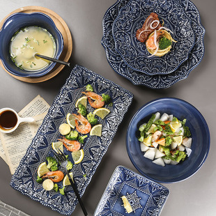 欧式巴洛克陶瓷盘子复古浮雕餐盘家用轻奢牛排盘汤碗餐具套装宫廷