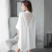 夏季睡裙冰丝性感中长款蕾丝，薄款白色衬衫，宽松大码丝绸春秋睡衣