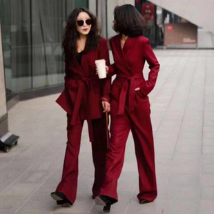 西服套装女气质法式名媛修身显瘦休闲酒红色长袖高端职场女装两件