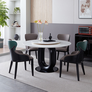 意式轻奢高级天然大理石餐桌圆桌转盘家用餐厅白蜡实木餐桌椅组合