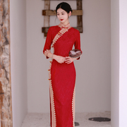 红色新娘敬酒服喜婆婆婚宴装2024年秋季复古风气质高端连衣裙