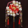 红色蕾丝新娘结婚秀禾服团扇，黑色架新中式，双面成品遮面金色团扇子