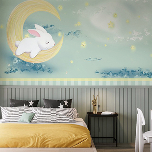 温馨月亮兔子墙布北欧儿童房墙纸男孩女孩卧室壁纸幼儿园定制壁画