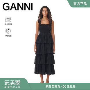GANNI女装 黑色吊带蛋糕裙迷笛裙长款连衣裙 F8961099