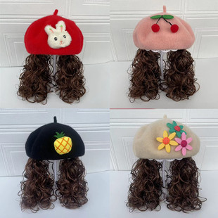 韩国女童羊毛呢长发贝雷帽儿童帽，1-3-8岁女宝宝，礼帽秋冬假发帽子2