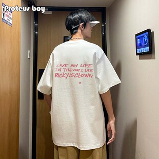 proteusboy简约手绘字母印花时尚，圆领打底短袖t恤24pbd25-cp641