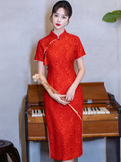 新中式复古改良红色敬酒服日常可穿斜襟旗袍中国风优雅短袖连衣裙