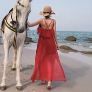 海边度假连衣裙红色露背飘逸大摆裙显瘦旅游长裙仙女裙沙漠吊带裙