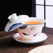 德化羊脂玉瓷手绘三才盖碗悬停单个青花功夫茶具套装泡茶碗敬茶杯
