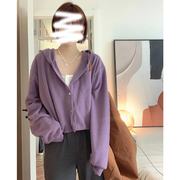 秋季韩风连帽上衣小个子紫色，长袖针织开衫运动百搭外套女装
