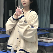 韩版棒球服卫衣女加绒冬季潮，学生bf慵懒风，绒衫外套女休闲外套