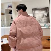 设计高级感粉色PU皮羽绒服男士冬季加厚潮牌大码短款棉衣棉袄外套