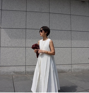 2023夏季日本machatt气质圆领简约无袖连衣裙A型廓形白色长裙