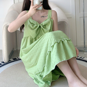 绿色蝴蝶结睡裙女夏季梭织棉，性感吊带背心睡衣，甜美2024可外穿