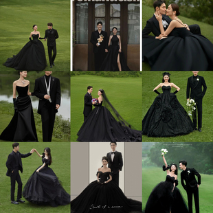 影楼主题拍照服装黑色，抹胸婚纱情侣，旅拍草坪外景在逃公主礼服