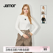 Jamor时尚圆领双色长袖T恤女冬季宽松百搭纯色打底衫加末