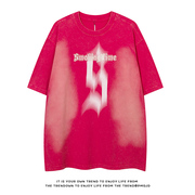 芃漫模糊哥特字母夏季短袖美式洗水复古情侣tee恤街头网红中性t恤