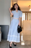 小野智恩蓝色假日 2023春季 蕾丝领短款衬衫+长裙套装两件套