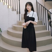 cherrykoko2024夏季韩版拼接撞色衬衫领假两件短袖，连衣裙中长款女
