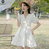 新中式短款法式小白裙改良低领旗袍小个子150cm显高连衣裙夏