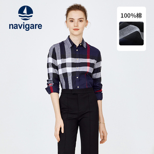 纯棉Navigare意大利小帆船春季英伦格子衬衫女长袖休闲显瘦衬衣
