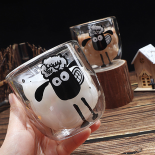 小羊卡通双层玻璃杯女耐高温双层大肚杯情侣水杯可爱牛奶杯咖啡杯