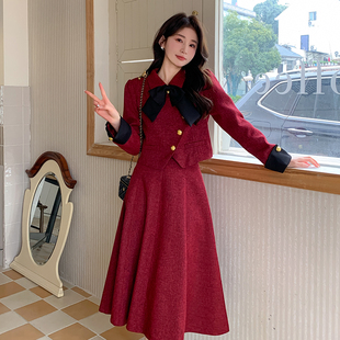 红色小香风气质套装裙女春秋2024高级感短外套半身裙两件套
