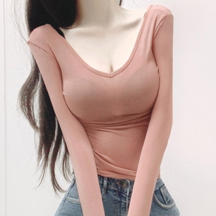 韩国女装 深de我心的性感 露背大V领薄款粉色长袖打底衫上衣T恤女