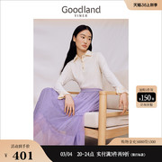 Goodland美地女装2023秋季法式优雅钉珠针织衫复古Polo领上衣