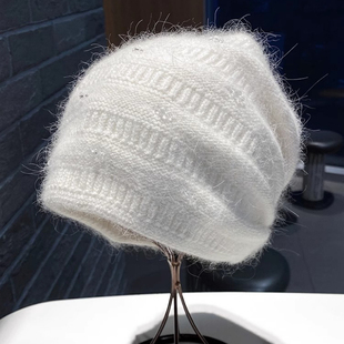 大头围兔毛毛线帽子女，秋冬季2023宽松保暖护耳套头帽针织冷帽