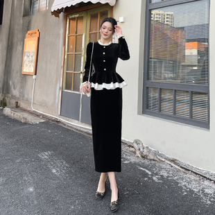 韩版高级感丝绒连衣裙女2023秋冬黑色收腰显瘦气质假两件裙子