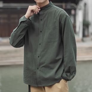 中国风男装纯色衬衫男士长袖中式复古唐装春秋棉麻青年中山装外套