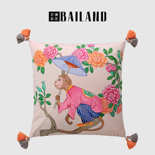 百澜家居yh027中式丝绒藕色猴子抱枕，靠包床头(包床头，)沙发靠垫客厅抱枕套