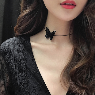 项链女锁骨链小众设计蝴蝶，短款黑色颈链，项圈choker个性脖子配饰
