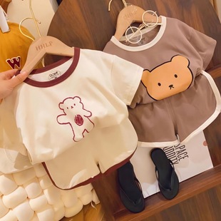 夏季儿童卡通可爱小熊t恤套装韩版男女童宝宝短袖短裤亲子两件套