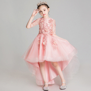 儿童礼服公主裙花童婚纱粉色，女童钢琴演出服主持人晚礼服洋气秋冬