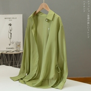 外贸高端夏季薄款休闲宽松绿色天丝衬衫女系带垂感防晒衣外搭罩衫