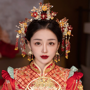 中式婚纱饰品新娘发饰红色复古步摇发钗步摇头饰套装古装结婚配饰